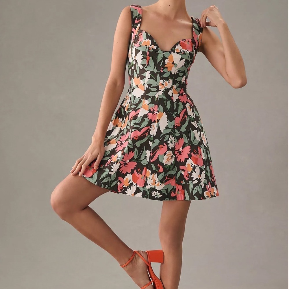 ANTHROPOLOGIE Sweetheart Floral Mini Dress Brown Size 1X